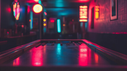 Vibrant neon reflections illuminate the captivating allure of an indoor game space