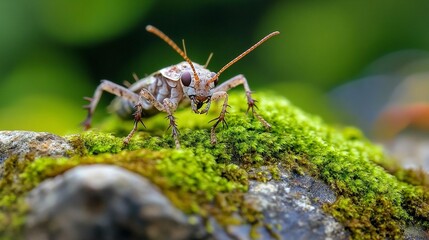Fototapeta premium Detailed macro shot of insect on vibrant green moss