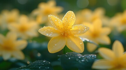 Fototapeta premium Close-up view of vibrant yellow flowers with dew drops.