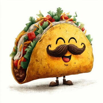 A cheerful cartoon taco with a brown mustache, small legs and boots, smiles on a white background. The taco is filled with seasoned beef, lettuce, cheese and sour cream.