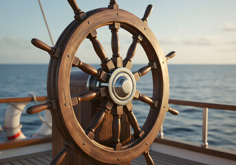 Wooden Ship's Wheel on Yacht with Ocean View Steering Navigation, Nautical, Marine, Coastal, Sea Voyage.