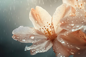 Fototapeta premium Delicate peach-colored blossoms in a gentle rain shower.