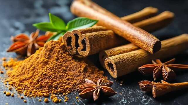 Cinnamon Sticks and Powder with Star Anise and Green Leaves Create Warm, Inviting Culinary Atmosphere