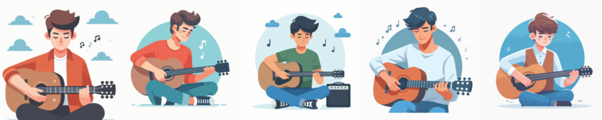 Vector of a young man playing guitar.