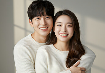 Happy Asian Couple Smiling, Hugging, Portrait Studio, White Sweaters, Friendship, Relationships.