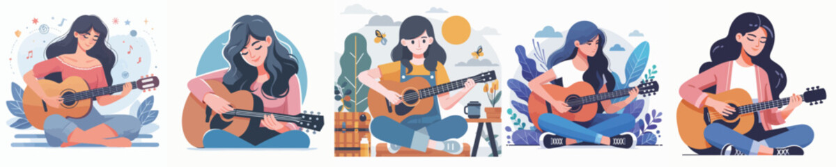 Vector of a young woman playing guitar.