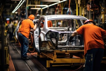 Auto workers working at car factory