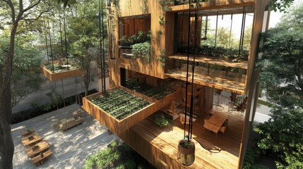 Elevated wooden structure amidst lush greenery.