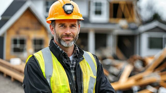 Confident construction worker hard hat and safety vest stands before building site, showcasing professionalism and dedication to