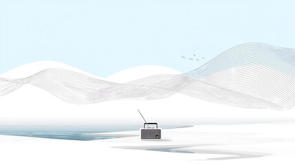 Vintage Radio on Snowy Landscape with Gentle Waves and Blue Sky, Minimalist Art for Calm Ambiance
