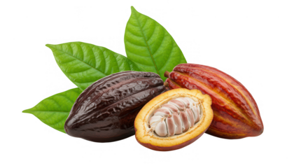 cacau com caroço e folhas verdes no fundo transparente