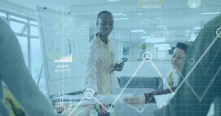 Designer presenting fashion sketches in meeting, with animated data charts floating around table - Powered by Adobe