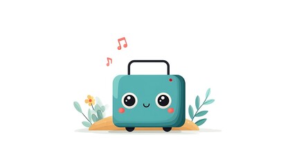 Cute Cartoon Suitcase Character with Smile and Flowers in Playful Style for Travel and Adventure Themes