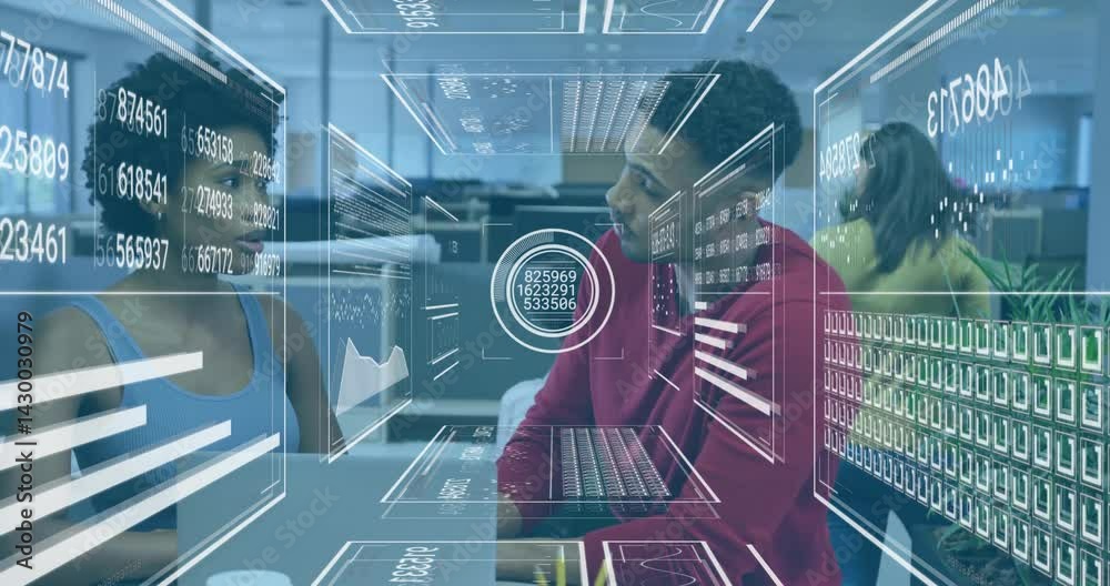 Poster data analyst reviewing data with data engineer in office, showing floating holographic charts