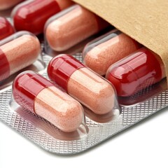 Red and Peach Capsules in Blister Pack Close Up