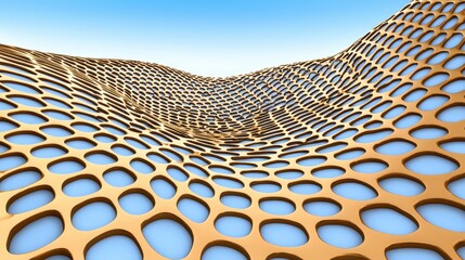Fototapeta premium Abstract Golden Honeycomb Structure with Blue Sky Background