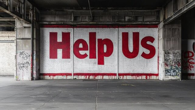 Bold graffiti mural urging assistance in urban setting