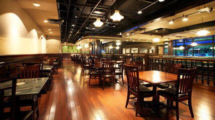 Elegant empty restaurant interior with polished wooden tables and chairs, showcasing potential dining space for business expansion or grand opening concept.
