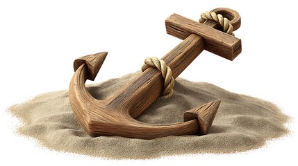 Wooden anchor resting on sandy beach with rope detail, symbolizing stability and maritime adventure