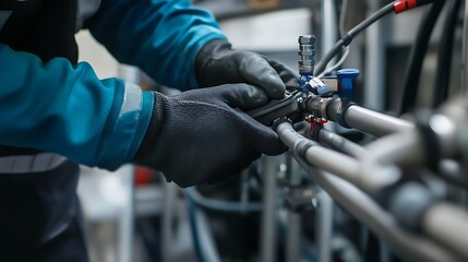 Obraz premium Worker Adjusting Industrial Machinery