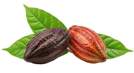 cacau com caro&ccedil;o e folhas verdes no fundo transparente