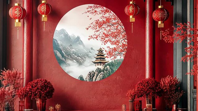 Stunning red interior with serene landscape painting, decorative plants, and lanterns creates vibrant and tranquil atmosphere.