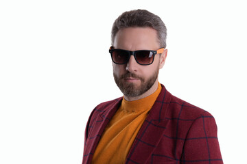 Fototapeta premium Mature confident businessman wearing jacket and sunglasses. Male fashion. Stylish man isolated on white. Handsome Hispanic man follow fashion. Fashion for man. Copy space advertisement