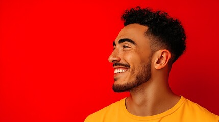 Obraz premium Vibrant portrait of a smiling young man against a bold red background