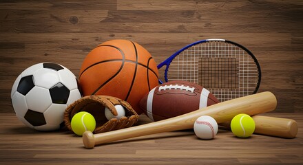 A Display of Sporting Goods: a visually pleasing array of sporting equipment is carefully arranged, celebrating the diverse world of sports.