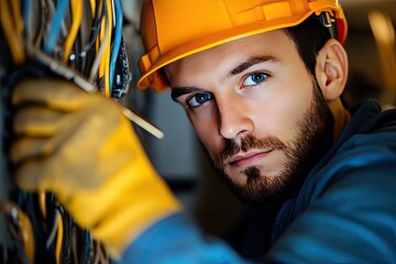 Portrait of a skillful electrician fixing wires with a tool in hand.