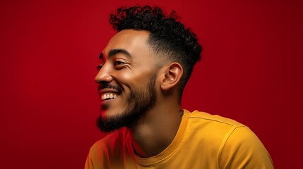 Obraz premium Vibrant portrait of a smiling young man against a bold red background