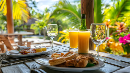 Idyllic tropical breakfast setting with pastries, juice, and serene outdoor view