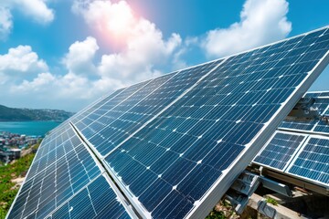 Obraz premium Solar panels harnessing energy under a bright sky by the coast.