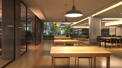 Elegant empty restaurant interior with polished wooden tables and chairs, showcasing potential dining space for business expansion or grand opening concept.