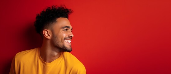 Obraz premium Vibrant portrait of a smiling young man against a bold red background