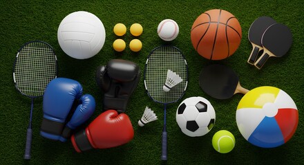 A Colorful Collection of Sports Equipment: A vibrant assortment of sports equipment, each piece meticulously arranged against a backdrop of lush green grass.