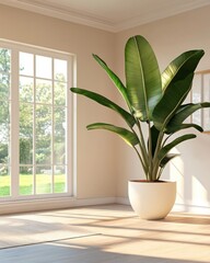Effortless Home Cleaning. Large Tropical Plant in White Pot by Sunlit Window