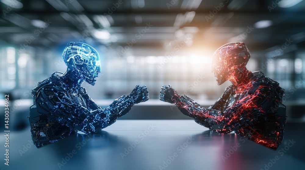 Poster Robotic duel futuristic battle of artificial intelligence tech lab digital art high-tech environment close-up view