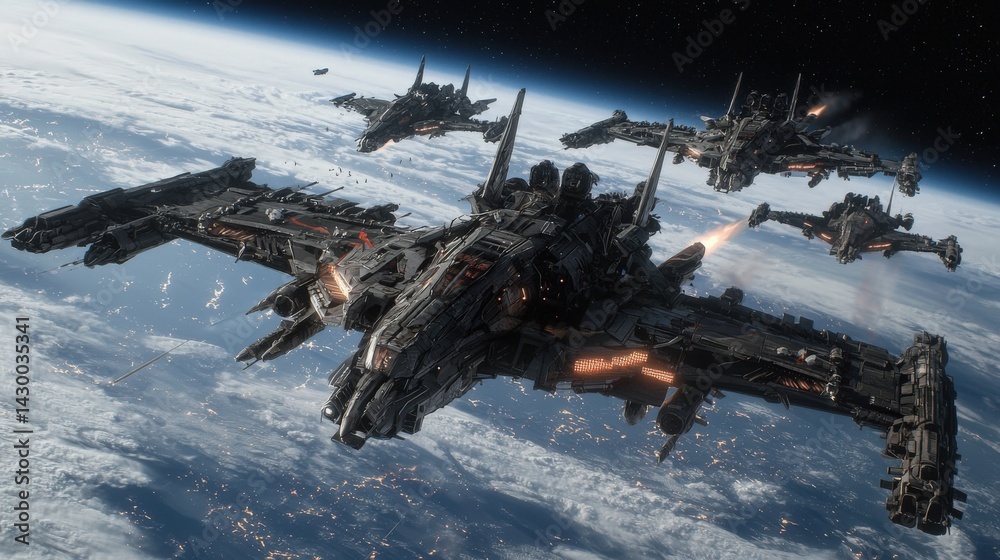 Poster Fleet of advanced spacecraft engaging in battle above earth sci-fi scene outer space dynamic perspective