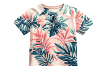 Adorable kids pink tropical leaf t shirt featuring vibrant monstera and palm leaves design on a on transparent background