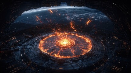 Cataclysmic eruption of energy ring galactic space digital artwork sci-fi environment aerial view cosmic destruction