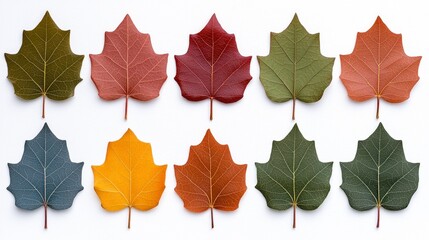 Array of Colorful Maple Leaves in Various Shades on White Background