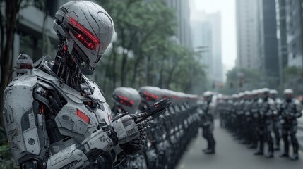 Futuristic robot patrol urban city cinematic scene high-tech environment close-up perspective ai law enforcement