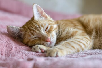 Ginger tabby kitten is sleeping on a pink blanket. Great for content about pets, rest, or cute animals.