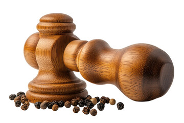 Elegant wooden pepper grinder showcasing rich grain texture and peppercorns against a stark on transparent background