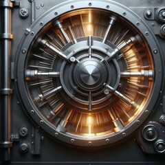 Naklejka premium Secure metal bank vault door with radial locking mechanism and warm light on dark industrial background.