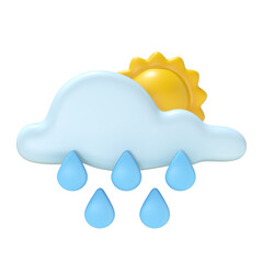 A cheerful yellow sun peeks from behind a soft light blue cloud releasing five gentle blue raindrops in this bright 3D weather illustration.