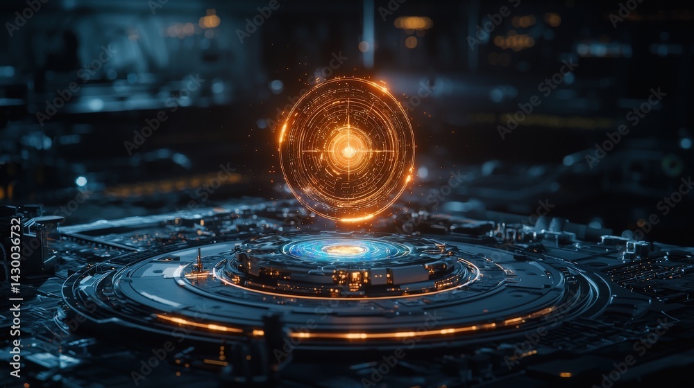 Poster futuristic energy sphere virtual lab digital art sci-fi environment close-up view cutting-edge techn