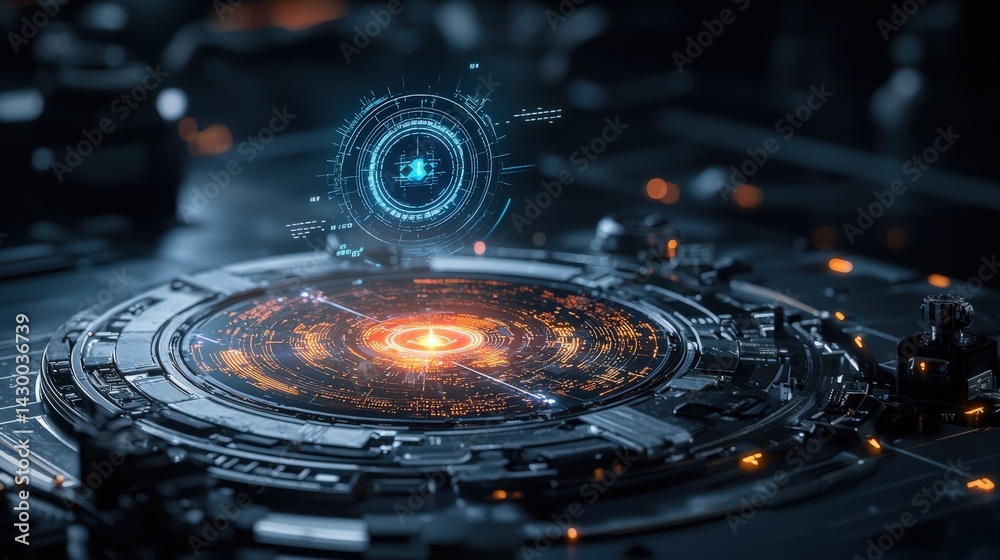 Poster futuristic technology interface virtual environment digital art sci-fi aesthetic close-up view innov