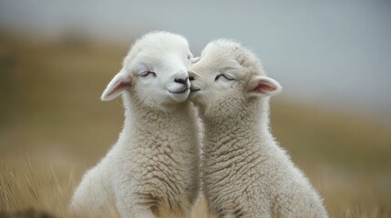 Naklejka premium Lambs affectionately nuzzling in pasture, showing friendship & closeness, blurred meadow